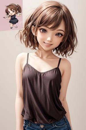 masterpiece, anime style, chibi, illustrated logo, medium short shot, head tilted three quarters, emote for twitch of a girl, medium dark brown eyes, dark brown hair, cute hairstyle,wearing camisole, smiling, proud, milokk,xxmixgirl