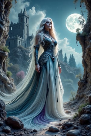 Amid the haunting ruins of a forgotten Celtic castle, perched on a high hill that overlooks a sprawling forest, the Bohemian Fremen and Button stand in solemn silence. Her traditional Celtic dress, a flowing masterpiece of intricate knots and symbols, reflects the silver moonlight that pours down from above. Her large silver Celtic choker, inlaid with powerful black gemstones, hums with a deep, ancient energy that mirrors the sorrow in her intense aqua blue eyes. Her hair flowing in a spectrum of blonde, blue, and purple catches the night breeze, which carries the scent of pine and wild heather. Button, a majestic Celtic white wolf with a distinctive orange stripes and swirl pattern, an intricate silver Celtic collar with glowing refractive ancient orange and green jewels, purple, pink, and blue vibrant gradient Celtic tattoos, traditional intricate silver Celtic jewelry on the front paws, and piercing aqua blue eyes, moves with a quiet grace by her side. The Bohemian Fremen steps up to an old stone wall, touching its rough surface with a reverent hand. Her voice rises in a mournful song, echoing through the empty halls that once held laughter and life. Button’s howl joins her song, and from the cracks of the castle walls, an ethereal glow begins to spread, weaving like tendrils of light through the stones. The castle comes alive with a brief, vibrant pulse, showing glimpses of its former glory before fading back into the shadows. The light lingers around them, a testament to the love and memories that remain even in ruins.,DonM5h4d0wM317FX