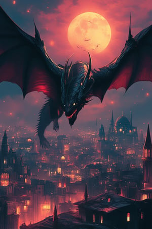 We see the night dragon flying over historical Istanbul, Dramatic lighting, Osman Hamdi style colors and realistic details capture the intensity of the moment, matte paint, night, detailed rendering, highly detailed, by Osman Hamdi Bey —ar 3:4 —style raw —stylize 250 —v 6,vibrant painting,niji style