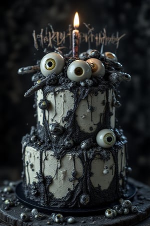 Birthday cake two tiers, Gothic theme, dark and white colour, hyper-realistic, super realism, written teks on background "Happy Birthday".,Big Eyes Creepy Creature