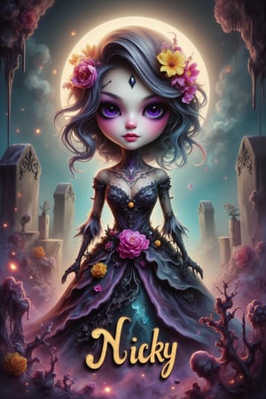 A 3D anime-style illustration of a chibi-Catrina, a miniature Day of the Dead doll. She is dressed in an intricate dress adorned with skulls and flowers. The background is a dark and mystical landscape with tombstones and wilted flowers. There is golden text that reads "Nicky" in black, slightly faded purple letters. The artwork has a dark fantasy theme and is suitable for various creative endeavors, such as fashion, photo, or poster inspiration.,DonM5h4d0wM317FX,3dKawaii.hanna