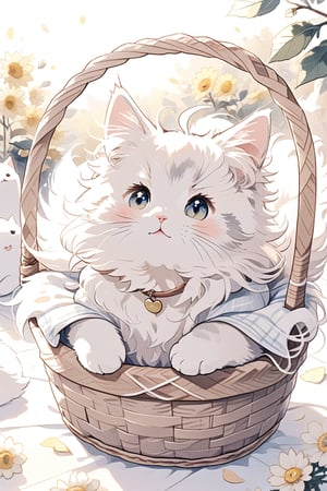 small fluffy white fluffy cat in a basket

,cute,anime,mix,pastel