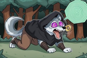 Death \(character\) Wolf, Wolf Anthro, white fur, Solo, Black Hooded Cape, brown pants, full body image, mind control, hypnosis, @_@, gowling purple spiral eyes, swirly eyes, big open mouth tongue out, anthro furry walking on all fours like an ordinary animal, forest background