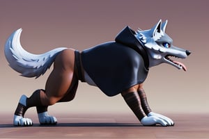 Death \(character\) Wolf, Wolf Anthro, Solo, Red Eyes, Black Hooded Cape, brown pants, full body image, gowling blue eyes, big open mouth tongue out, anthro furry walking on all fours like an ordinary animal, profile view