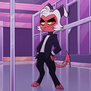 imp boy moxie2 with a black suit, serious face in a silver hallway of a futuristic laboratory with purple lighting