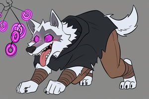 Death \(character\) Wolf, Wolf Anthro, white fur, Solo, Black Hooded Cape, brown pants, full body image, mind control, hypnosis, @_@, gowling purple spiral eyes, swirly eyes, big open mouth tongue out, anthro furry walking on all fours like an ordinary animal