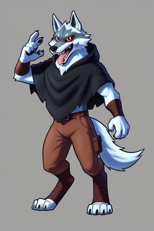 Death \(character\) Wolf, Wolf Anthro, Solo, Red Eyes, Black Hooded Cape, brown pants, full body image, gowling blue eyes, big open mouth tongue out