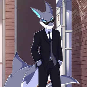 shark-like demon in a black suit and black sunglasses, serious look, alley background