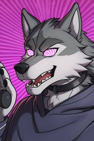 Death \(character\), Wolf, Wolf Anthro, mind control, spiral eyes, hypnosis, swirly eyes, @_@, hypnotized with glowing purple eyes, serious face, barking, open mouth, no smile, and a black techno dog collar with a red light, doing a military salute, futuristic laboratory background, full body image,