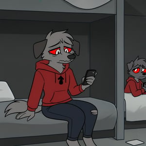 HOUNDSONA FURRY, SILVER EYES, RED SCLERA, with completely black and grey fur, small lock of hair, furry, sad face, wearing a red sweatshirt with blue jeans, calling by phone, sitting on an old bed inside a dark prisoner cell interior with black walls, railings with dirt stains