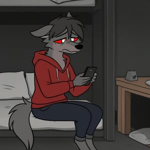 HOUNDSONA FURRY, SILVER EYES, RED SCLERA, with completely black and grey fur, small lock of hair, furry, sad face, wearing a red sweatshirt with blue jeans, calling by phone, sitting on an old bed inside a dark prisoner cell interior with black walls, railings with dirt stains