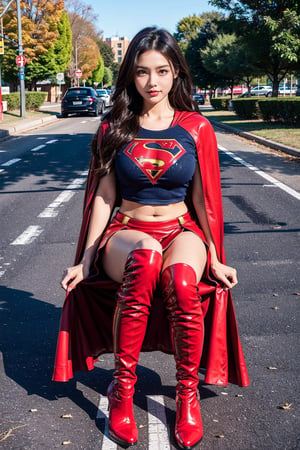 1girl, long black hair,supergirl,wearing Supergirl's blue tight uniform,perfect,red Boots higher than knees,Red miniskirt,Red long cape,full body,Bright colors,Bright red Boots, red miniskirt,Huge chest,Boots over the knee,Clothes are tied to skirts,Red miniskirt,Female model posen,Red over-the-knee pointed high-heeled boots,full body,sitting in the middle of the road,full body,tall girl,long boots,Red long cape,Boots longer than legs,Chinese supergirl,18years old,Don't show belly,Extremely long tip boots,red skirt,full body,supergirl's tight suit,Don't show knees,Knees wrapped in boots,strong girl,Pointy high-heeled boots,thin high heels,Uniforms and skirts are connectedUniforms and skirts are connected,Don't show your stomach,red skirt
