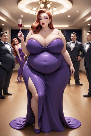 Highest quality, gorgeous voluptuous Jessica Rabbit, morbidly obese, plump,  bloated belly, (luscious lips), fancy dinner party, long formal slit dress, 