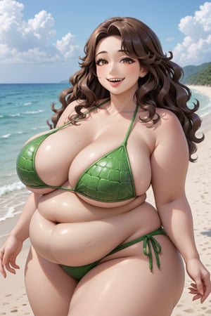 Highest quality, anime style, gorgeous plump female crocodile, sexy look, sharp teeth smile, voluptuous, plump, bloated belly, tall, long wavy brown hair, bikini, beach, luscious lips