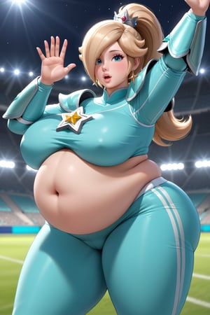Highest quality, gorgeous voluptuous princess Rosalina, ponytail, buffed, sexy look, plump, bloated belly, obese, (luscious lips), (battle league football armor), cheering, waving