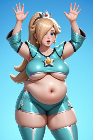 Highest quality, gorgeous voluptuous princess Rosalina, ponytail, buffed, sexy look, plump, bloated belly, obese, (luscious lips), (battle league football armor), cheering, waving