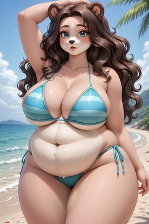 Highest quality, anime style, gorgeous plump raptor woman, sexy look, anthropomorphic, animal face, furry, voluptuous, plump, bloated belly, tall, long wavy brown hair, bikini, beach, luscious lips