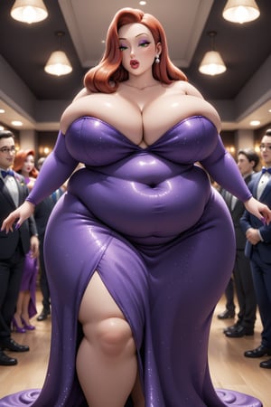 Highest quality, gorgeous voluptuous Jessica Rabbit, morbidly obese, plump,  bloated belly, (luscious lips), fancy dinner party, long formal slit dress, 