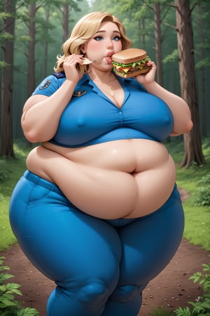 Highest quality, gorgeous voluptuous blonde woman, morbidly obese, plump,  bloated belly, (luscious lips), forest ranger, Yellowstone park, eating a sandwich 