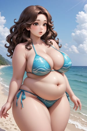 Highest quality, anime style, gorgeous plump anthropomorphic lizard woman, fire, animal face, sexy look, voluptuous, plump, bloated belly, tall, long wavy brown hair, bikini, beach, luscious lips