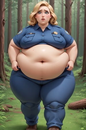 Highest quality, gorgeous voluptuous blonde woman, morbidly obese, plump,  bloated belly, (luscious lips), forest ranger, Yellowstone park, worried, lost in the woods