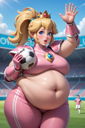 Highest quality, gorgeous voluptuous princess peach, ponytail, buffed, sexy look, plump, bloated belly, obese, (luscious lips), (battle league football armor), cheering, waving