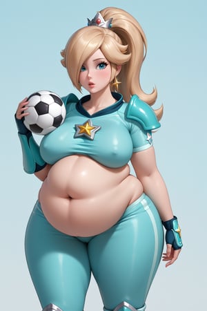 Highest quality, gorgeous voluptuous princess Rosalina, ponytail, big and buffed, sexy look, plump, bloated belly, obese, (luscious lips), (battle league football armor), looking fierce, confident