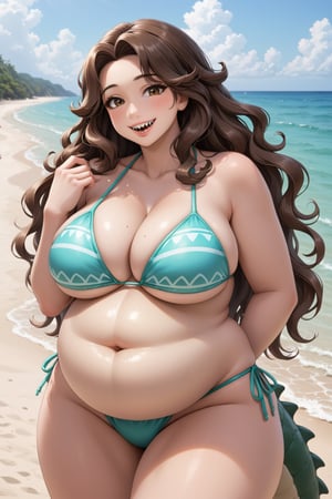 Highest quality, anime style, anthropomorphic crocodile woman, sexy look, sharp teeth smile, voluptuous, plump, bloated belly, tall, long wavy brown hair, bikini, beach, luscious lips