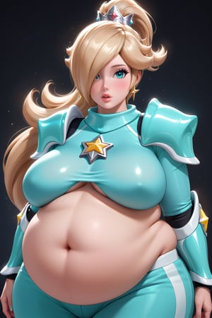 Highest quality, gorgeous strong and voluptuous princess Rosalina, ponytail, big and buffed, sexy look, plump, bloated belly, obese, (luscious lips), (battle league football armor), looking fierce, confident