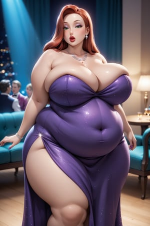 Highest quality, gorgeous voluptuous Jessica Rabbit, morbidly obese, plump,  bloated belly, (luscious lips), fancy dinner party, long formal slit dress, 