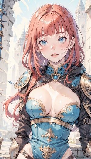 (mature female), long red hair, blunt bangs, blue eyes, (medieval armor), neckline, hood, tavern, sword on back