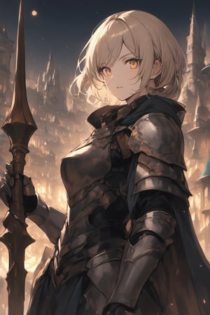 sexy armor, mature female, short blond hair, yellow eyes, cloak, holding spear, fantasy city, upperbody 