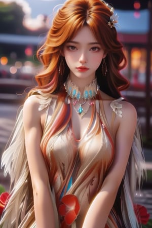 1girl, solo, long hair, looking at viewer, smile, brown hair, hair ornament, dress, brown eyes, jewelry, sitting, braid, flower, outdoors, barefoot, hair flower, water, necklace, white dress, blurry, lips, wet, see-through, single braid, depth of field, blurry background, freckles, realistic,wanjian,hmmikasa,Asia