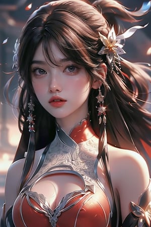 1girl, solo, brown hair, hair accessory, braids, long hair, wide sleeves, looking at viewer, brown eyes, jewelry, hair flower, long sleeves, belt, dress, naughty smile, perfect body, scenery, sharp focus, best quality, masterpiece, detailed costume, illustration, perfect eyes, fine beautiful anime eyes, realistic skin, intricate details, best lighting, depth of field, super high resolution, cowboy_shot, dynamic pose, dynamic angle, 1 girl