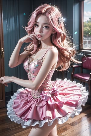 Pink Lady, Barbie style. Thin hourglass frames, sparkling dark blue sapphire eyes, (flowing pink hair 1.5), fair skin, tutu wedding dress, (dancing in a pink tutu wedding dress), (pink tutu wedding dress 1.2), Tutu wedding dress, hand to mouth, sparkling eyes 01