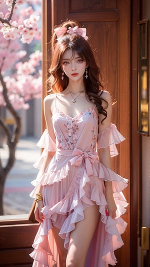 1 Japanese girl, (dark red hair), (long curly hair), (tied into a ponytail), (Dreamy pink floral high-low dress) (soft watercolor patterns) (flowy chiffon fabric) (asymmetrical ruffled layers) (delicate lace accents) (feminine) (ethereal) (spring fashion) (detailed product photography) (SonyA7R IV) (vibrant pastel tones) (high-quality studio lighting) (sharp and clean focus),earrings, necklace, bracelet, under the cherry blossom tree, blurred background