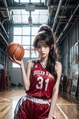 (Masterpiece, superb, super high resolution), Japanese woman, ((very beautiful 25 year old girl))), pretty girl, look at the photographer ､ ((beautiful low ponytail)), super cute face, glossy lips , double eyelids, natural smile, natural makeup, long eyelashes, smooth and shiny hair, central image, perfect limbs, perfect anatomy, (((red basketball jersey))), (((looking back )), soaked with sweat, (basketball court background)