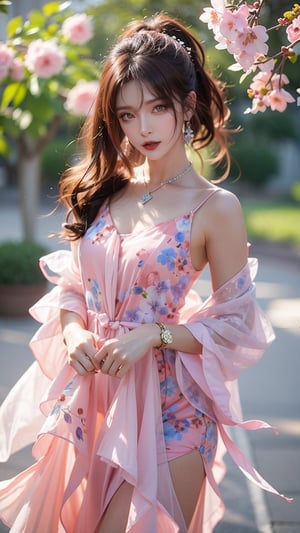 1 Japanese girl, (dark red hair), (long curly hair), (tied into a ponytail), (Dreamy pink floral high-low dress) (soft watercolor patterns) (flowy chiffon fabric) (asymmetrical ruffled layers) (delicate lace accents) (feminine) (ethereal) (spring fashion) (detailed product photography) (SonyA7R IV) (vibrant pastel tones) (high-quality studio lighting) (sharp and clean focus),earrings, necklace, bracelet, under the cherry blossom tree, blurred background