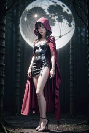 In the forest at dark night, a 20-year-old oriental witch has a solemn expression, (wearing a red hooded cloak 1.5), (black tight dress 1.5), (high heels 1.2), (golden exorcism necklace 1), (gold Exorcism bracelet 1), (golden mark on forehead 1.2). Weird moonlight, volumetric lights, high dynamic range, standing.