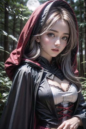 (half-length photo), (in the dark night forest), (20-year-old Witch of the East), (serious expression), (long white hair), (wearing red hooded cloak 1.5), (black tight skirt 1.5), (high heels 1.2), (Strange Moonlight), (Volume Light), (High Dynamic Range),