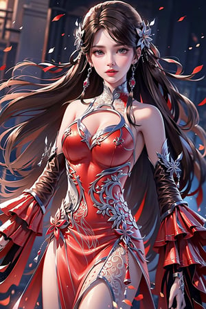 1girl, solo, brown hair, hair accessory, braids, long hair, wide sleeves, looking at viewer, brown eyes, jewelry, hair flower, long sleeves, belt, dress, naughty smile, perfect body, scenery, sharp focus, best quality, masterpiece, detailed costume, illustration, perfect eyes, fine beautiful anime eyes, realistic skin, intricate details, best lighting, depth of field, super high resolution, cowboy_shot, dynamic pose, dynamic angle, 1 girl