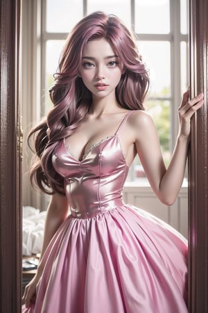 Pink Lady, Barbie style. Thin hourglass frames, sparkling deep blue sapphire eyes, long flowing pink hair, fair skin, prom dress, wearing pink prom dress, at prom, pink dress, princess, princess dress