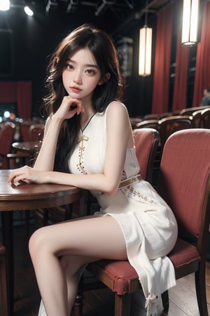 (panoramic), (cowboy shot),1girl, solo, looking at viewer, brunette, dress, sitting, indoors, white dress, lips, chair, chinese clothes, table, crossed legs, pink dress, theater lights