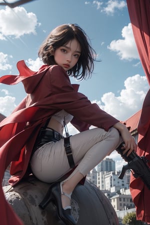 Planning, Main Part, Best Quality, A High Resolution, Short Hair, Dark Eyes, Scarf, Emblem, Belt, Thigh Band, Red Scarf, White Pants, Brown Jacket, Long Sleeves, Holding Gun, Sword, Dual Wielding, Three Dimensional Electric gears, arms spread, standing on one leg, long shot, heaven, extremely high quality, high resolution. Back to the viewer, looking back,hmmikasa
