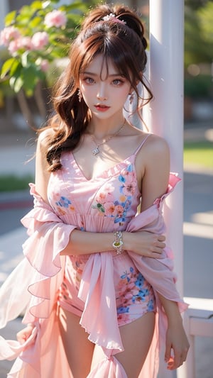 1 Japanese girl, (dark red hair), (long curly hair), (tied into a ponytail), (Dreamy pink floral high-low dress) (soft watercolor patterns) (flowy chiffon fabric) (asymmetrical ruffled layers) (delicate lace accents) (feminine) (ethereal) (spring fashion) (detailed product photography) (SonyA7R IV) (vibrant pastel tones) (high-quality studio lighting) (sharp and clean focus),earrings, necklace, bracelet, under the cherry blossom tree, blurred background