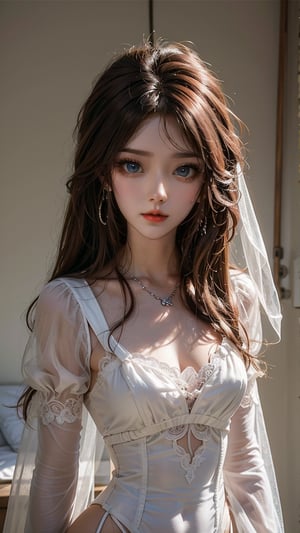 1 Japanese girl, (oriental face shape, heart-shaped face), (dark red hair), (long curly hair), (tied into a ponytail), (medium chest), earrings, necklaces, bracelets, (mysterious late ancient Chinese style) ), 1 girl,ruanyi0618,bridal veil,frills,frilled sleeves,long sleeves,white leotard,white thighhighs,wide sleeves,see-through,veil,garter belt,clothing cutout