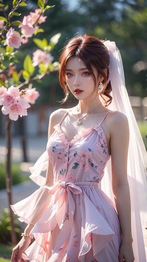 1 Japanese girl, (dark red hair), (long curly hair), (tied into a ponytail), (Dreamy pink floral high-low dress) (soft watercolor patterns) (flowy chiffon fabric) (asymmetrical ruffled layers) (delicate lace accents) (feminine) (ethereal) (spring fashion) (detailed product photography) (SonyA7R IV) (vibrant pastel tones) (high-quality studio lighting) (sharp and clean focus),earrings, necklace, bracelet, under the cherry blossom tree, blurred background