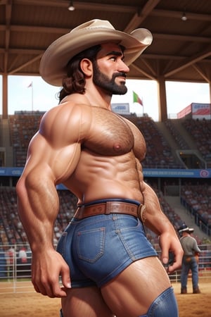 profile shot of a 45 year old Mexican men in assless chaps, they have big round hairy butts, they are at a rodeo for men, only men are invited, they are in the arena of the rodeo very handsome 45 year old men