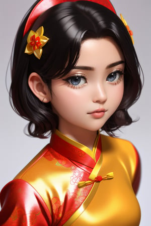 4k,best quality,masterpiece,20yo 1girl,(traditional cheongsam costume, alluring smile, head ornaments 

(Beautiful and detailed eyes),
Detailed face, detailed eyes, double eyelids ,thin face, real hands, muscular fit body, semi visible abs, ((short hair with long locks:1.2)), black hair, black background,


real person, color splash style photo,
