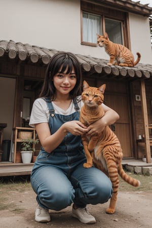 A cute girl with orange cat outside the village style house